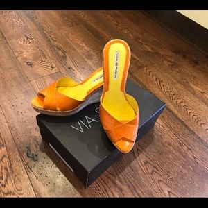 Via Spiga Orange Patent Cork Wedges